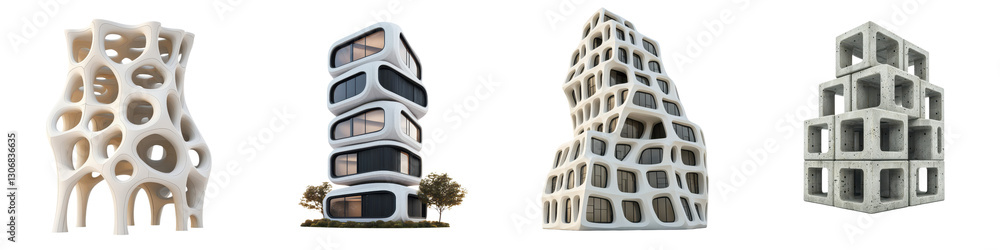 Aufkleber architectural designs featuring unique geometric structures and facades in urban settings showcasing