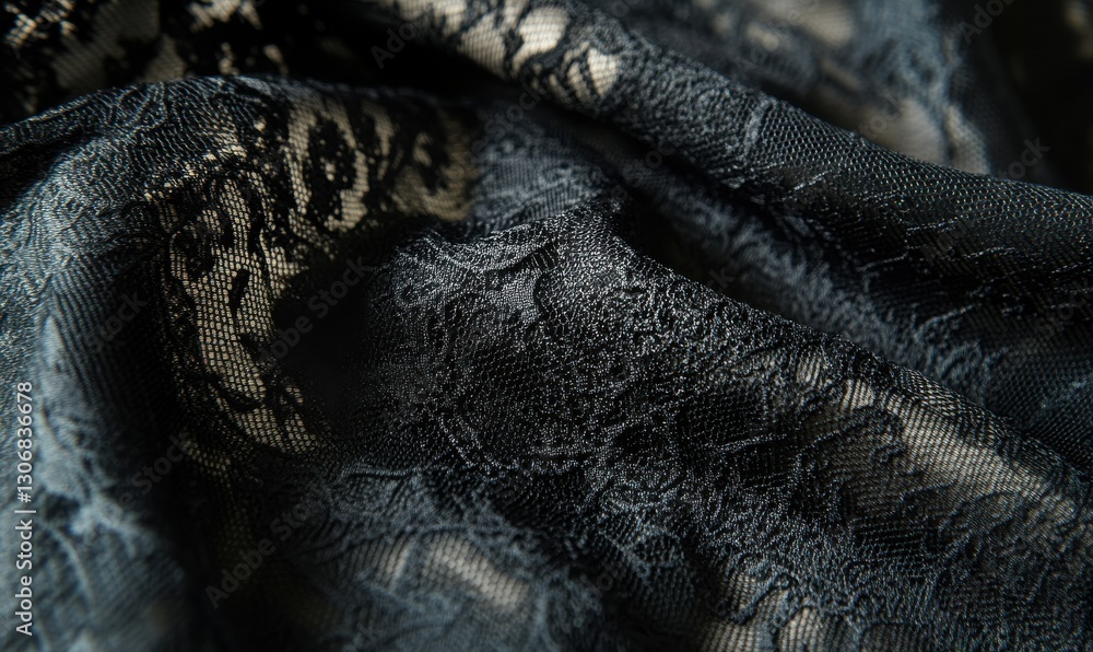 Poster luxurious black fabric with intricate textures illuminated by soft light, creating an elegant and mo