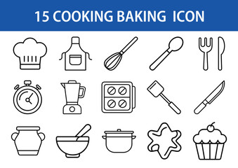 Cooking and Baking Icons in Line Art, A set of 15 black and white line icons representing cooking and baking tools, including a whisk, oven, chef hat, mixer, and cupcake. 

