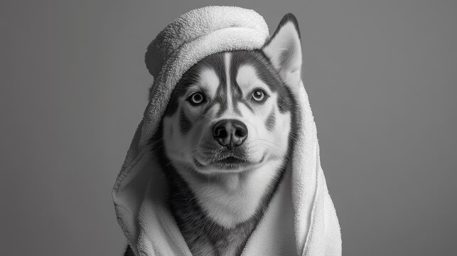 A captivating black-and-white portrait captures a husky gazing intently through expressive eyes. Wrapped in a pristine white towel, intricate shadows highlight its textured fur, enhancing its wild bea
