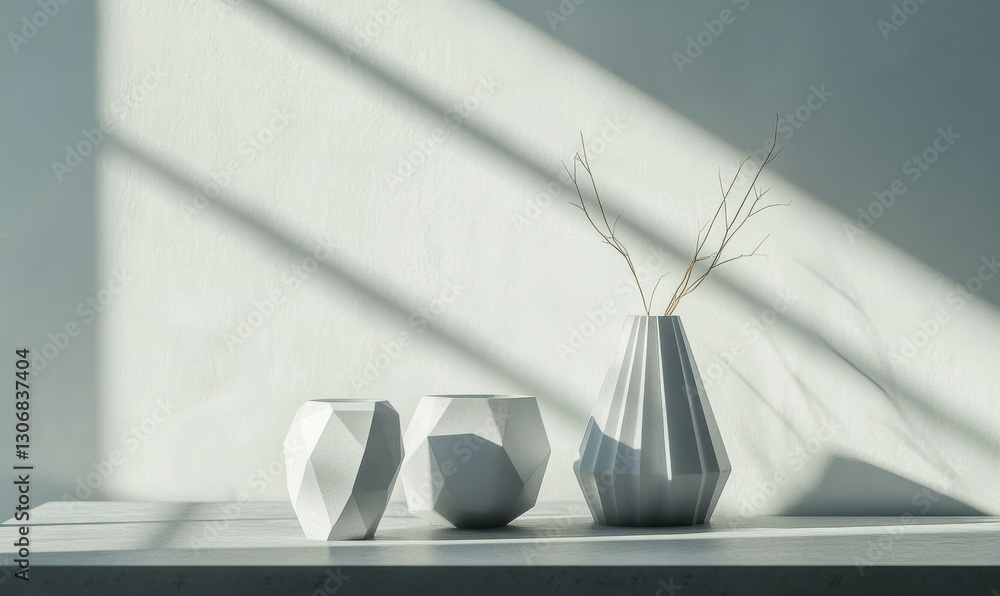 Poster minimalist arrangement of geometric sculptures on a modern table, soft diffused light creating clean