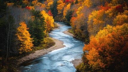 Aerial view of a serene river winding through a dense forest with vibrant autumn foliage in shades of red, orange, and yellow. Peaceful natural scenery with seasonal colors. Generative AI