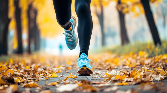 Runner's legs in motion on autumn leaves. Fitness and wellness in nature with blue shoes and black leggings.