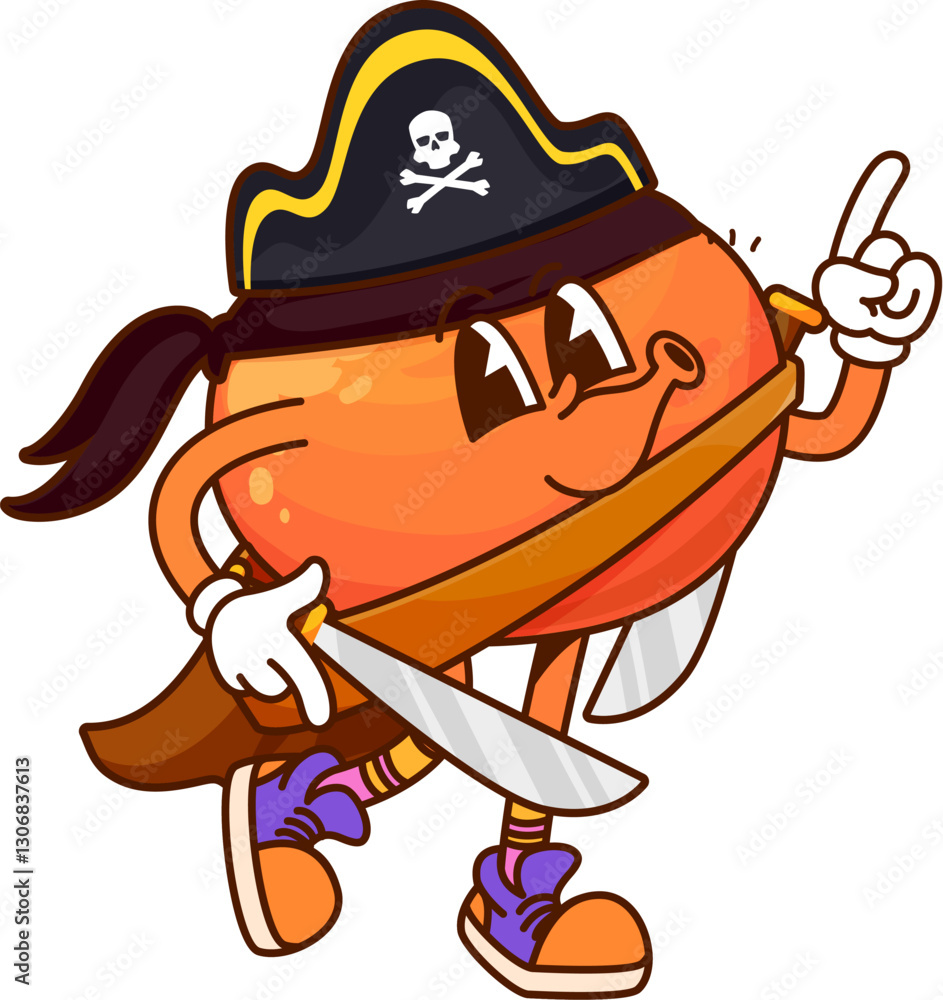 Poster cartoon groovy mandarin pirate and corsair fruit character with sword and cocked hat, exuding a play