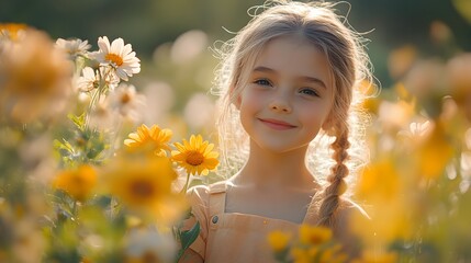 Fototapeta premium Young girl in a sunny field of bright yellow flowers an idyllic countryside setting.