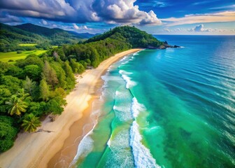 Fototapeta premium Thailand's idyllic beaches: Turquoise waters crash on pristine sands, a tropical haven from above.