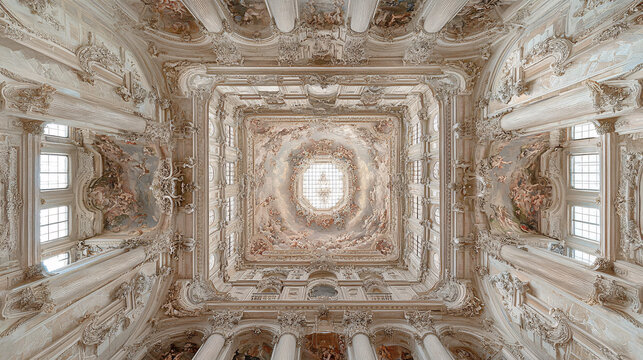 Stunning ceiling frescoes depict heavenly scenes in ornate architectural space, showcasing intricate details and grandeur