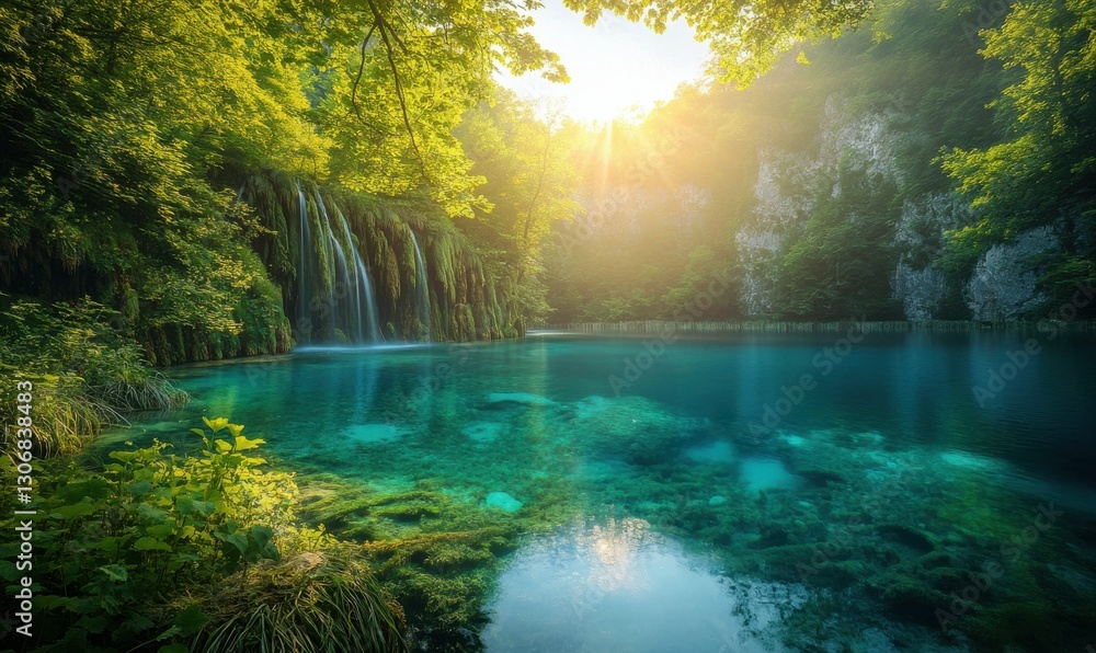 Poster serene natural lake surrounded by lush greenery illuminated by soft sunlight creating a tranquil and