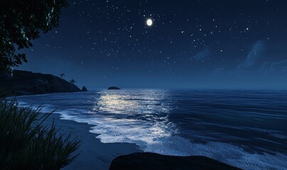 Serene ocean waves glowing under soft moonlight, with faint stars reflecting on the water's surface creating a tranquil coastal nightscape