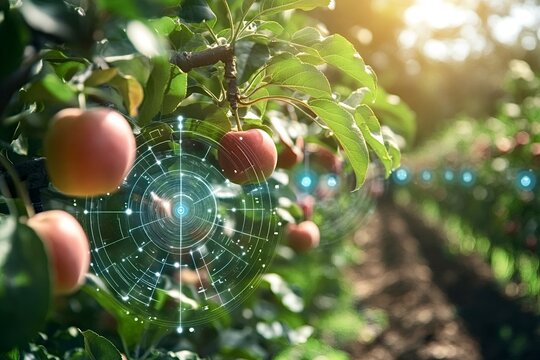 Futuristic interface analyzing apple growth and health, showcasing the integration of technology in modern agriculture for enhanced productivity and sustainable farming practices
