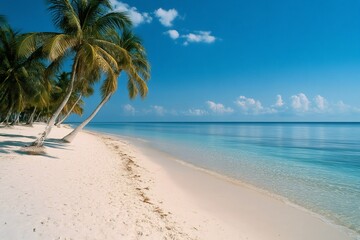Obraz premium Palm trees leaning over white sand beach on tropical island paradise