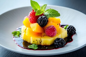 Delicious dessert presenting pineapple, mango, raspberry and blackberry with mint and sauce