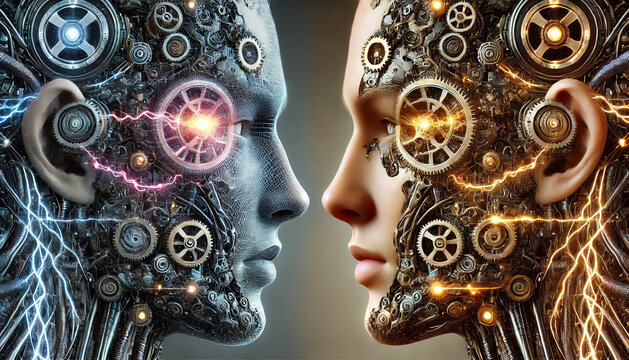 "Humans upgrading bodies in science labs, arms and legs replaced with mechanical parts, increasingly powerful, futuristic backgrounds and high-tech details, black and neon blue tones, ultra-high resol