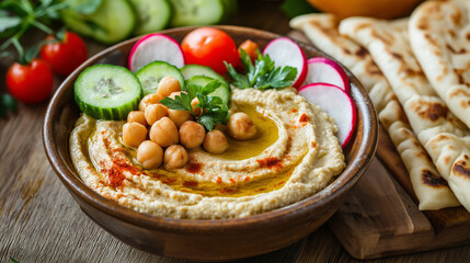 Delicious Mediterranean hummus bowl with fresh toppings and warm pita bread on a rustic table