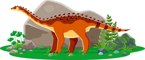 Aegyptosaurus prehistoric dinosaur cartoon character. Isolated vector titanosaurian sauropod dino from Late Cretaceous period. Ancient long necked herbivore reptile animal at lush landscape with rocks