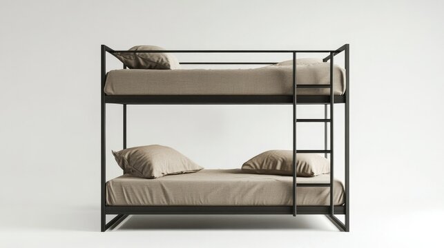Functional twin-over-twin bunk bed with sleek black metal frame on a neutral gray backdrop.