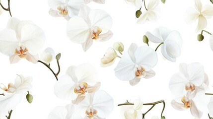 Seamless pattern with white orchids pattern, watercolor style, on white background. Concept of elegance and nature