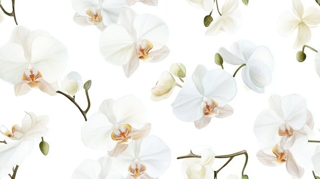 Seamless pattern with white orchids pattern, watercolor style, on white background. Concept of elegance and nature