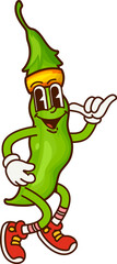 Groovy pea pod vegetable character on fitness sport, vector retro cartoon comic. Groovy green pea or bean pod with happy smile on funny face jogging or on sport and fitness exercise training