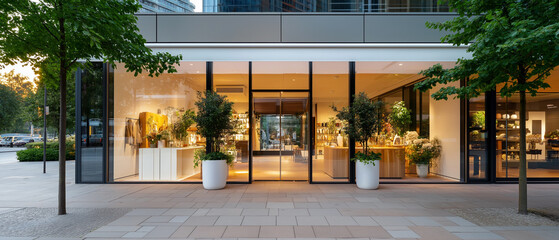 Modern boutique shopfront with inviting interior and warm ambiance at sunset