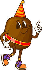 Cartoon groovy kiwi fruit character on celebration party. Vector playful fruit personage dressed in a bright party hat and a sash, exuding a joyful and festive vibe, strikes a happy and funky pose