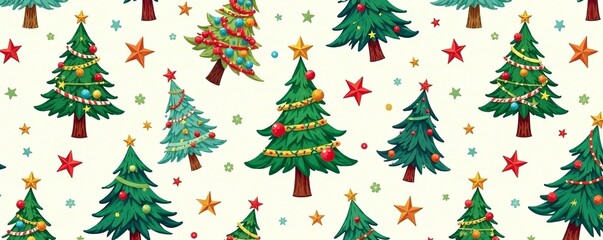 Hand-drawn Christmas tree decorations seamless pattern with stars and ornaments, design, Xmas, doodle