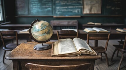 Historic classroom with vintage wooden chairs, open books, and an old globe