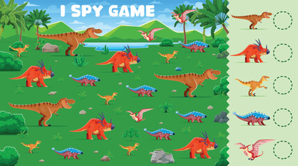 Prehistoric dinosaurs, kids I spy game worksheet. Vector puzzle quiz with cartoon tyrannosaurus rex, panoplosaurus, pteranodon and velociraptor. Dino animal characters I spy game worksheet template © Vector Tradition