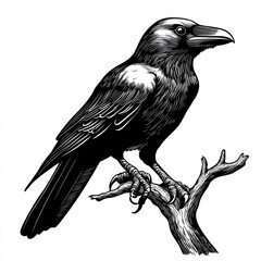 Fototapeta premium Detailed black and white illustration of a raven perched on a branch against a plain background