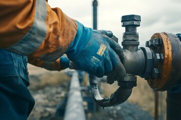 Oil worker wearing protective gloves is adjusting a valve on a pipeline in an open field, ensuring smooth operation and preventing leaks