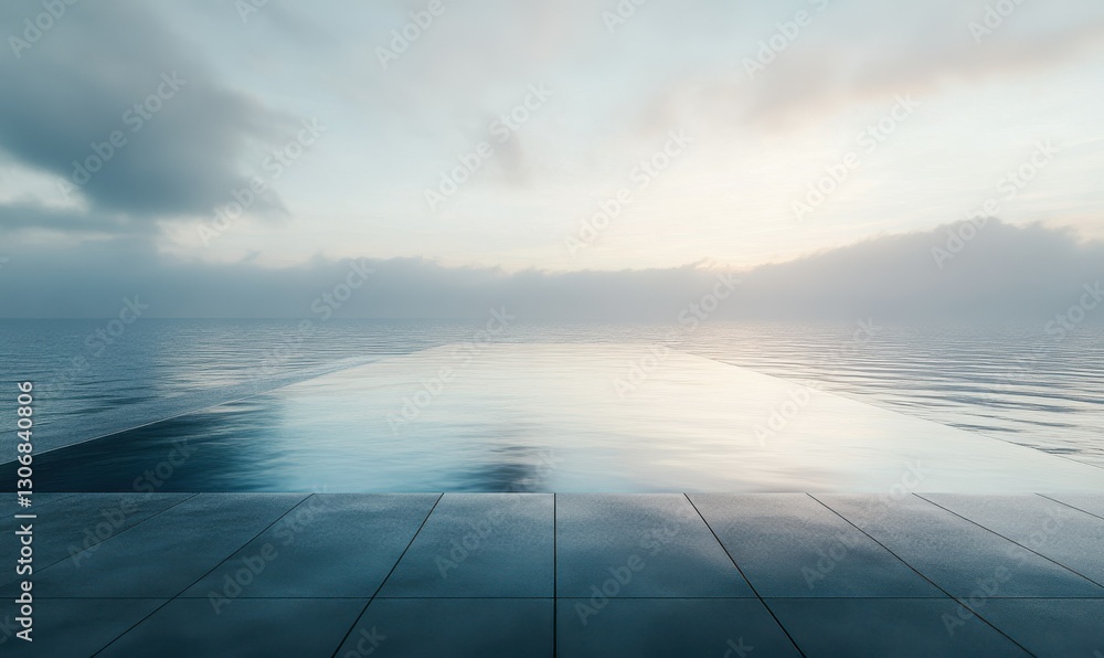 Poster stunning view of a modern infinity pool overlooking a vast ocean, with soft light creating reflectio