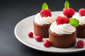 Delicious chocolate cupcakes topped with whipped cream, raspberries, and mint leaves