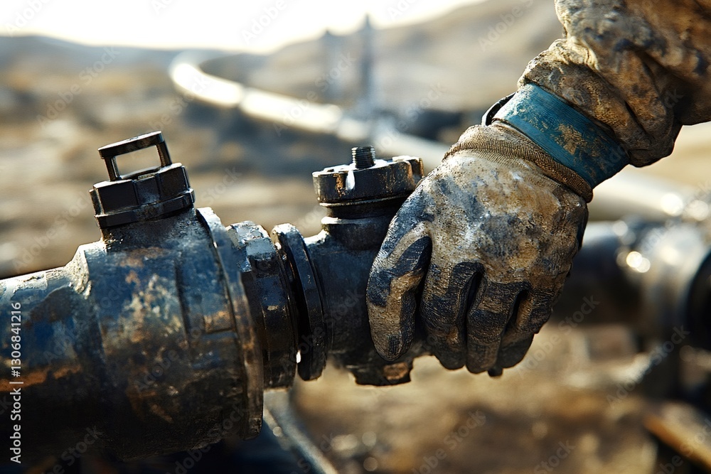 Poster oil worker wearing dirty gloves adjusts a valve on a pipeline in an open field, ensuring smooth oper