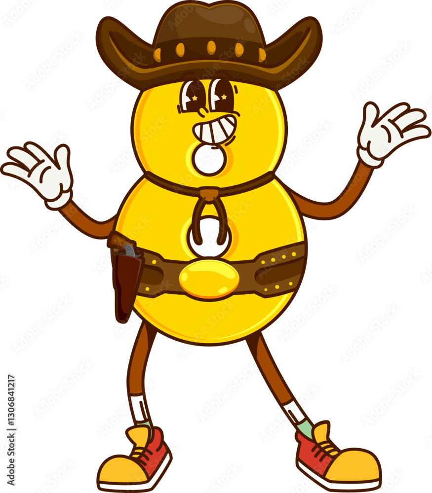Poster cartoon groovy math number 8 as cowboy or bandit character, vector mathematics symbol. groovy number