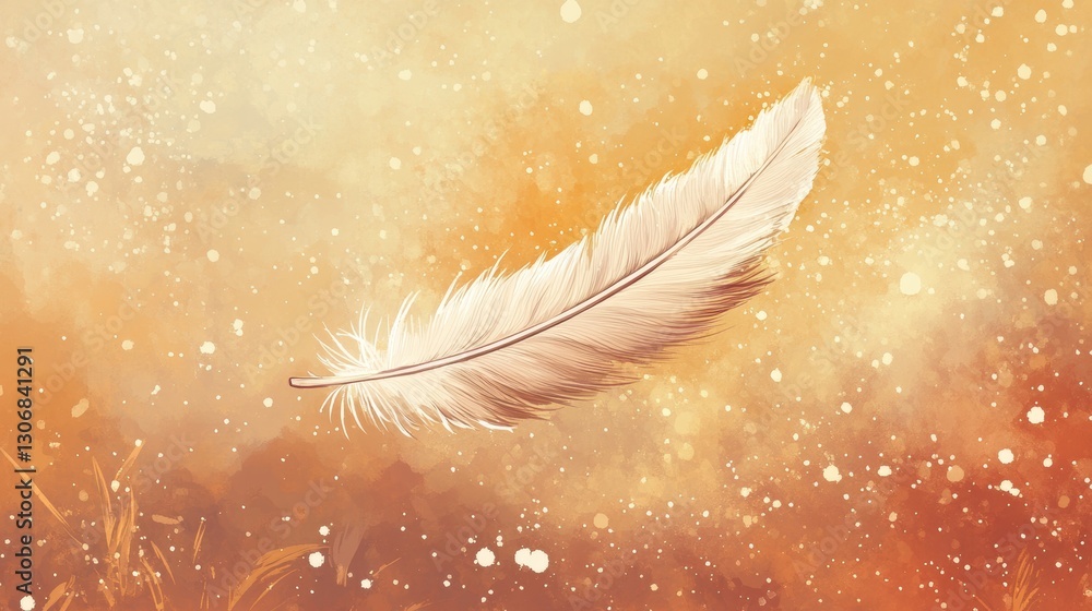 Poster delicate white feather floating gracefully against a warm orange and gold abstract background with s
