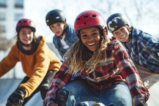 A group of teenagers skateboarding in an urban skate park, full of energy and excitement