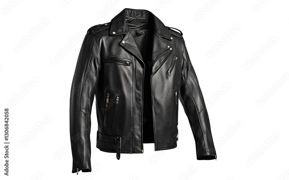Poster a stylish black leather jacket with a smooth finish, isolated on a empty plain background