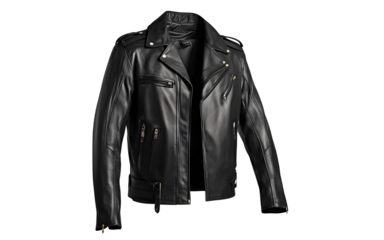 A stylish black leather jacket with a smooth finish, isolated on a empty plain background