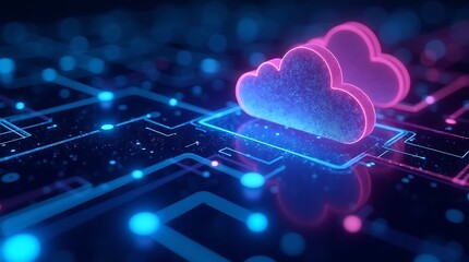 Digital representation of cloud computing with glowing blue cloud icon and interconnected data pathways