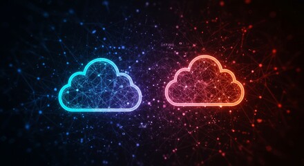 Two glowing cloud icons, abstract network background