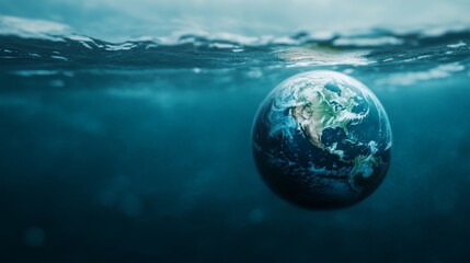 Earth floating under water, illustrating the effects of rising water levels due to climate change and global warming. It is a powerful reminder of the serious situation of our planet.