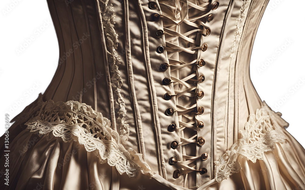 Poster a victorian-style corset with lace-up details and a full skirt, isolated on a empty plain background