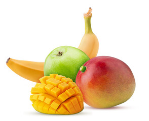 Banana, green apple, mango one cut on half