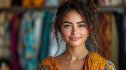 Naklejka premium portrait of a confident fashion designer in studio surrounded by colorful clothing