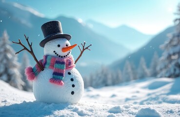 Obraz premium Cheerful snowman stands in snowy winter landscape with blue sky. Dressed in hat, scarf, carrot nose. Snowy mountains, fir trees on background. Winter holiday theme, New Year, xmas mood.