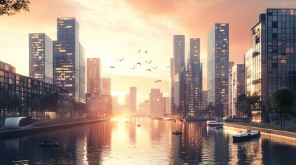 Obraz premium Sunrise over modern city skyline reflected in calm canal water.