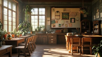 Fototapeta premium Quiet classroom scene with a teacher desk, wooden chairs, and a welcoming atmosphere