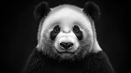Fototapeta premium A captivating black and white close-up of a panda’s face, subtly tilted, capturing intricate details in the soft whites and deep blacks, eyes gazing left with gentle curiosity