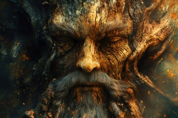 Fototapeta premium Ancient tree spirit face emerging from bark with closed eyes