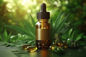 Fototapeta premium Amber dropper bottle among green cannabis plants..